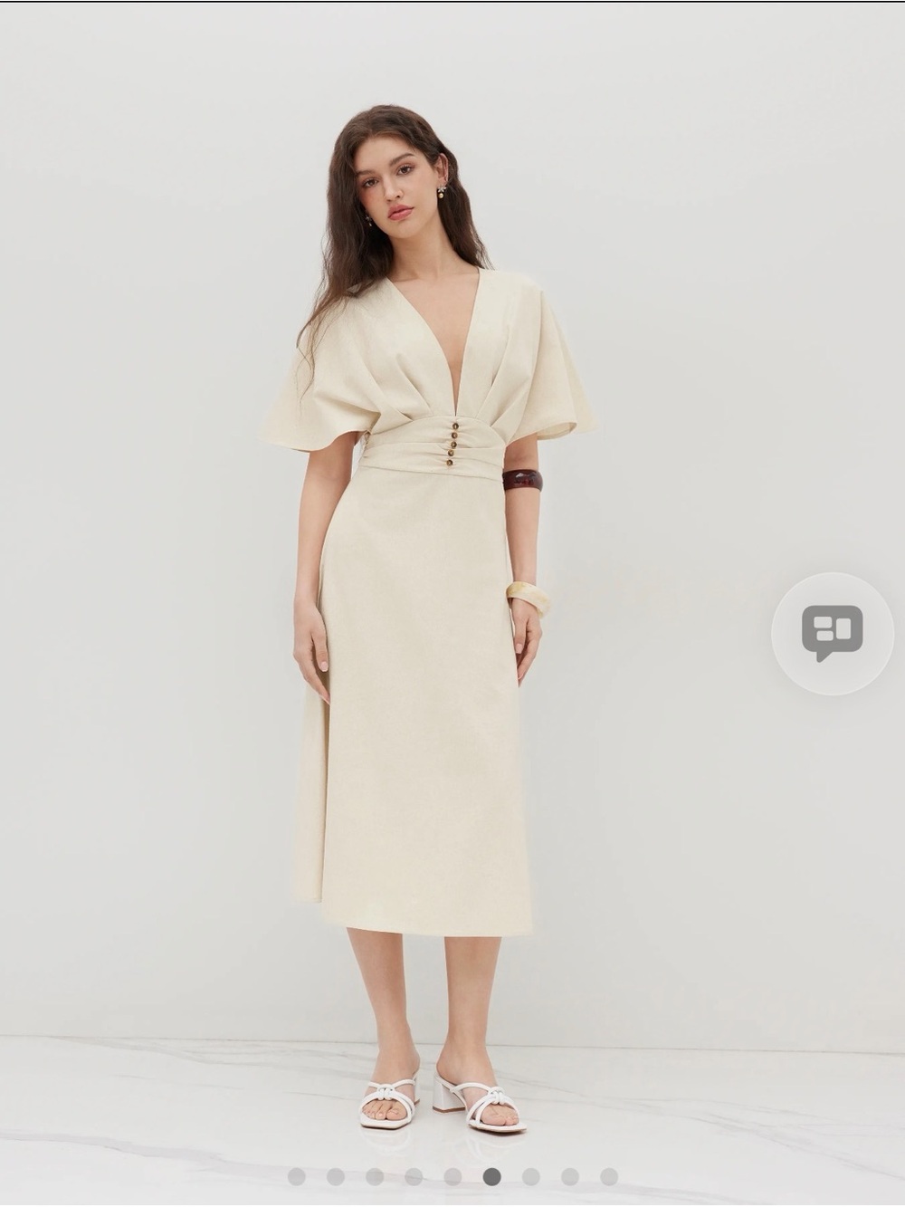 Cider Cream V-Neck Midi Dress with Buttoned Waist Detail - Picture 4 of 4